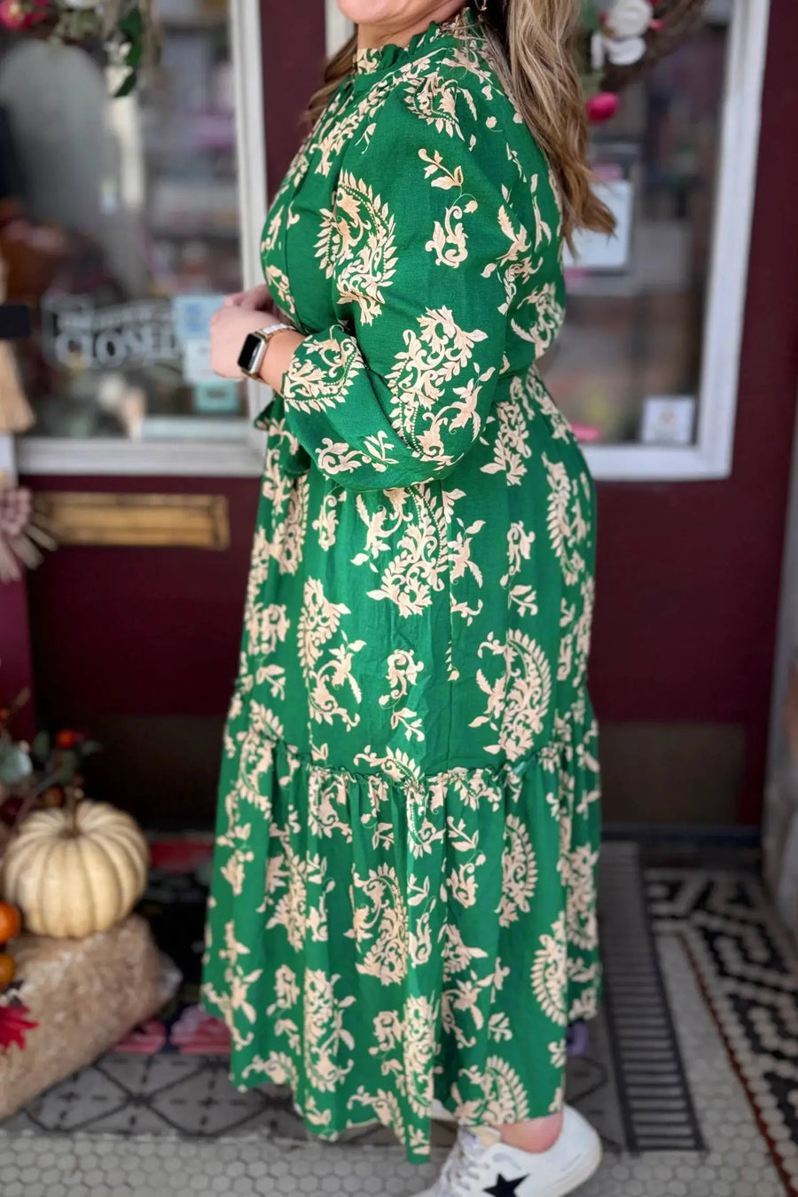 Red Elegant Floral Puff Sleeve Midi Dress Women UK