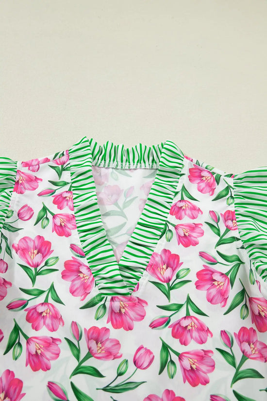 Multicolour sweet floral print striped ruffle trim v neck blouse blouses
