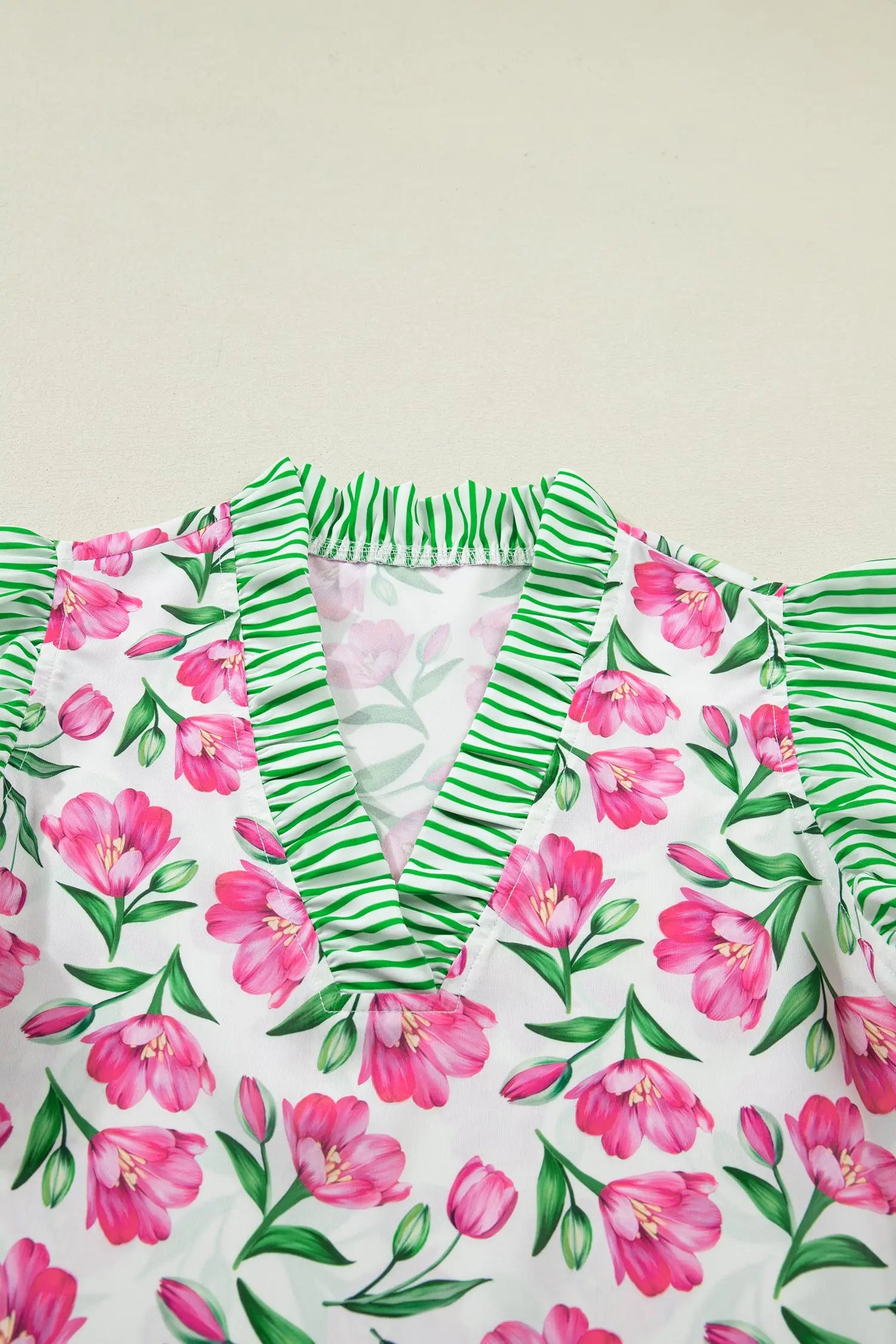 Multicolour sweet floral print striped ruffle trim v neck blouse blouses