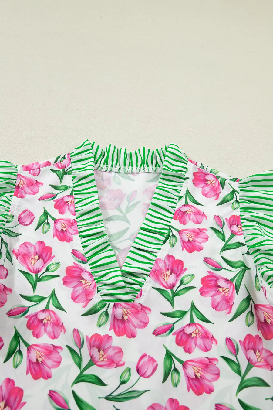 Multicolour sweet floral print striped ruffle trim v neck blouse blouses