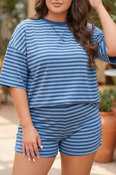 Stripe plus size tee and shorts two-piece set women UK - front view