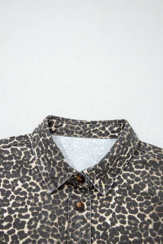 Gray Leopard Short Sleeve Denim Shirt