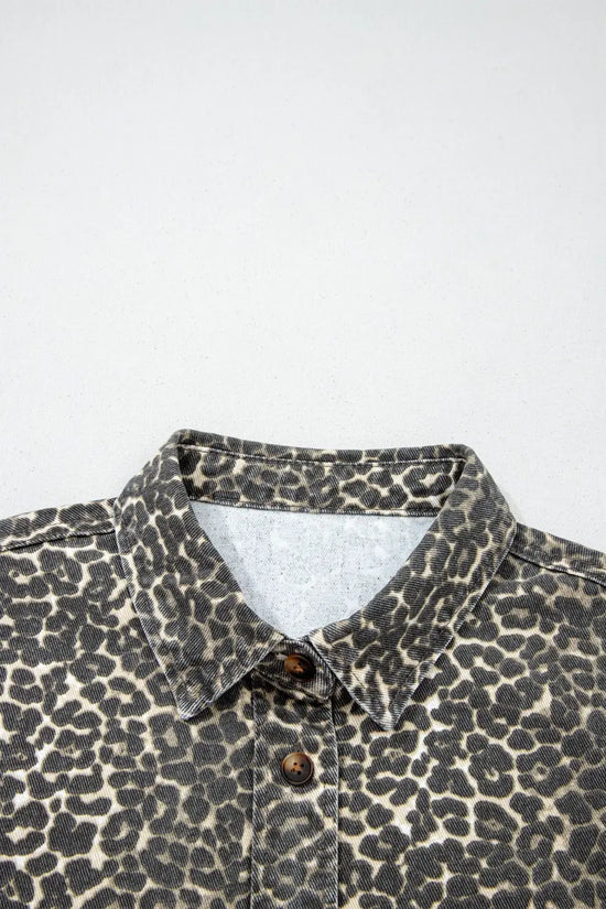 Gray Leopard Short Sleeve Denim Shirt