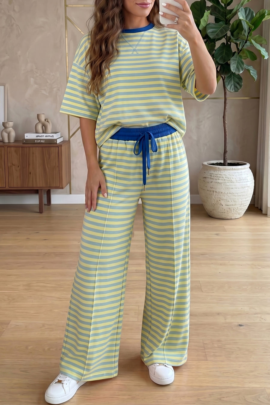 Pink Stripe Colourblock Crew Neck Tee & Drawstring Pant Set