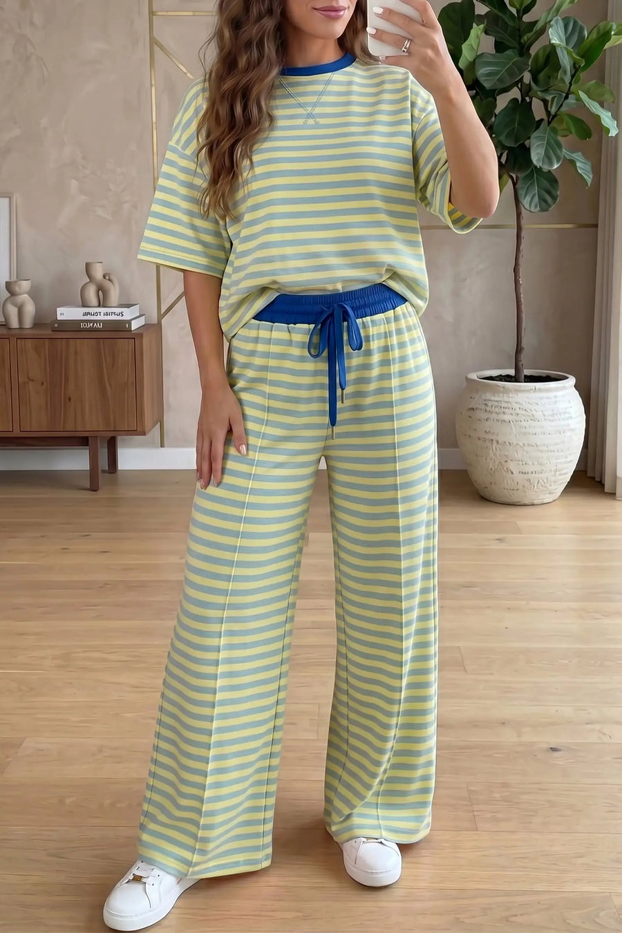 Pink Stripe Colourblock Crew Neck Tee & Drawstring Pant Set — full length view on model | Fashionfitz UK