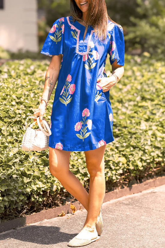 Blue floral summer dress - mini | split neck contrast trim