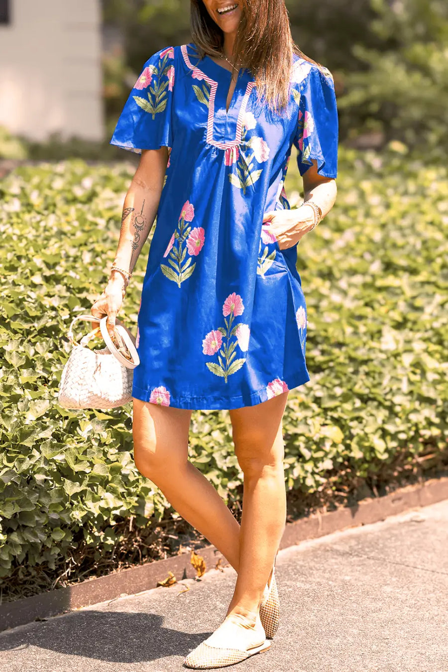 Blue floral summer dress - mini | split neck contrast trim