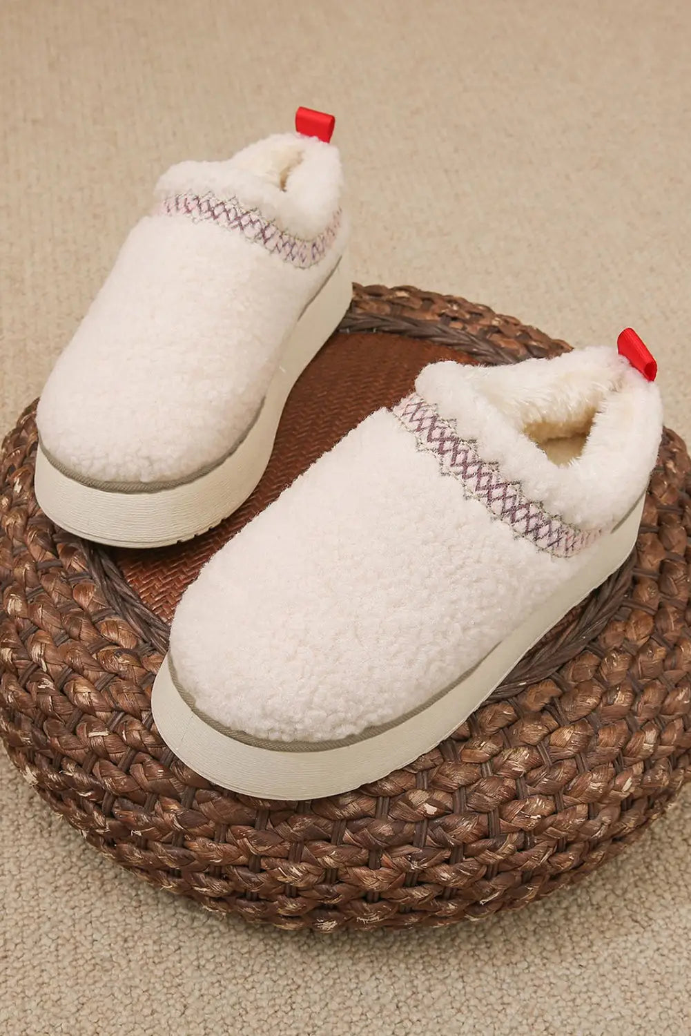 Embroidered sherpa plush winter slippers