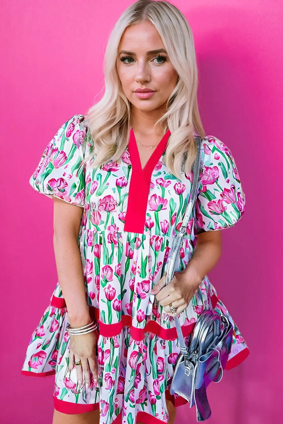 Pink Floral V Neck Bubble Sleeve Babydoll Dress Women UK
