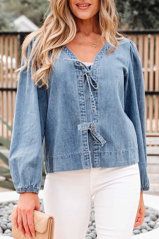 Blue ties puff denim top blouses