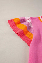 KnitT-Shirt - Turquoise Contrast Flutter Sleeves Sweater - Fashionfitz