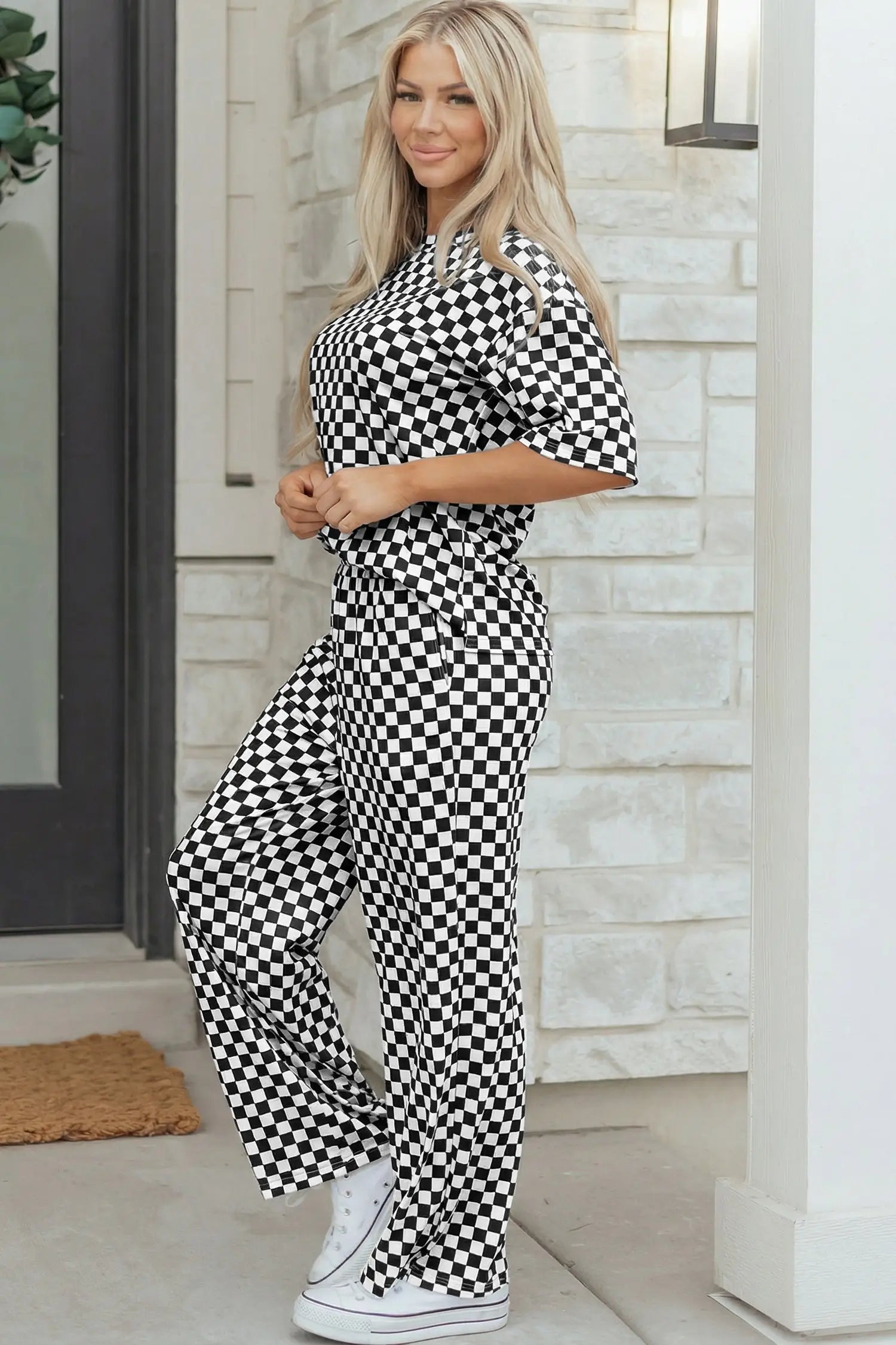 Checkered print half sleeve tee & lounge pants 2-piece loungewear set