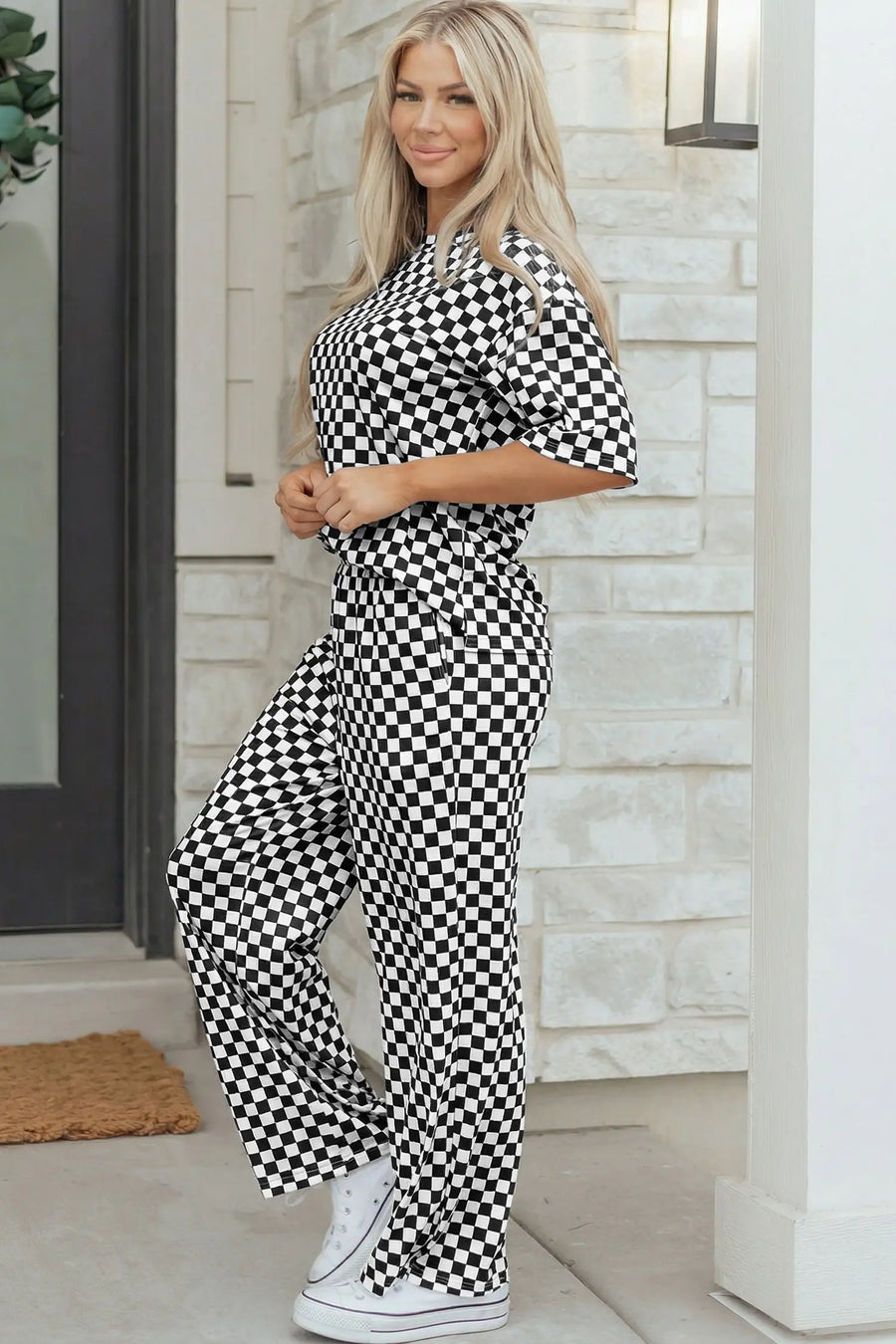 Checkered print half sleeve tee & lounge pants 2-piece loungewear set