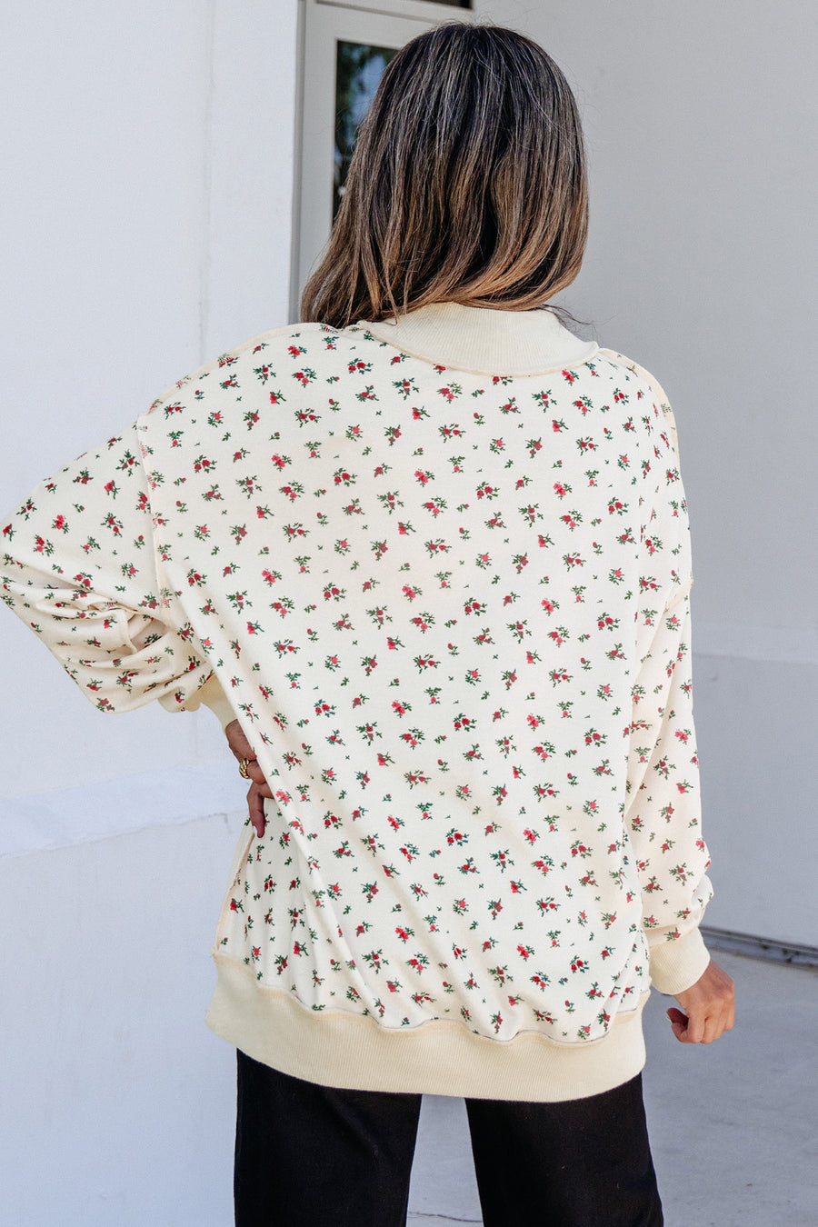 Beige Ribbed Floral Patchwork High Neck Baggy Sweatshirt