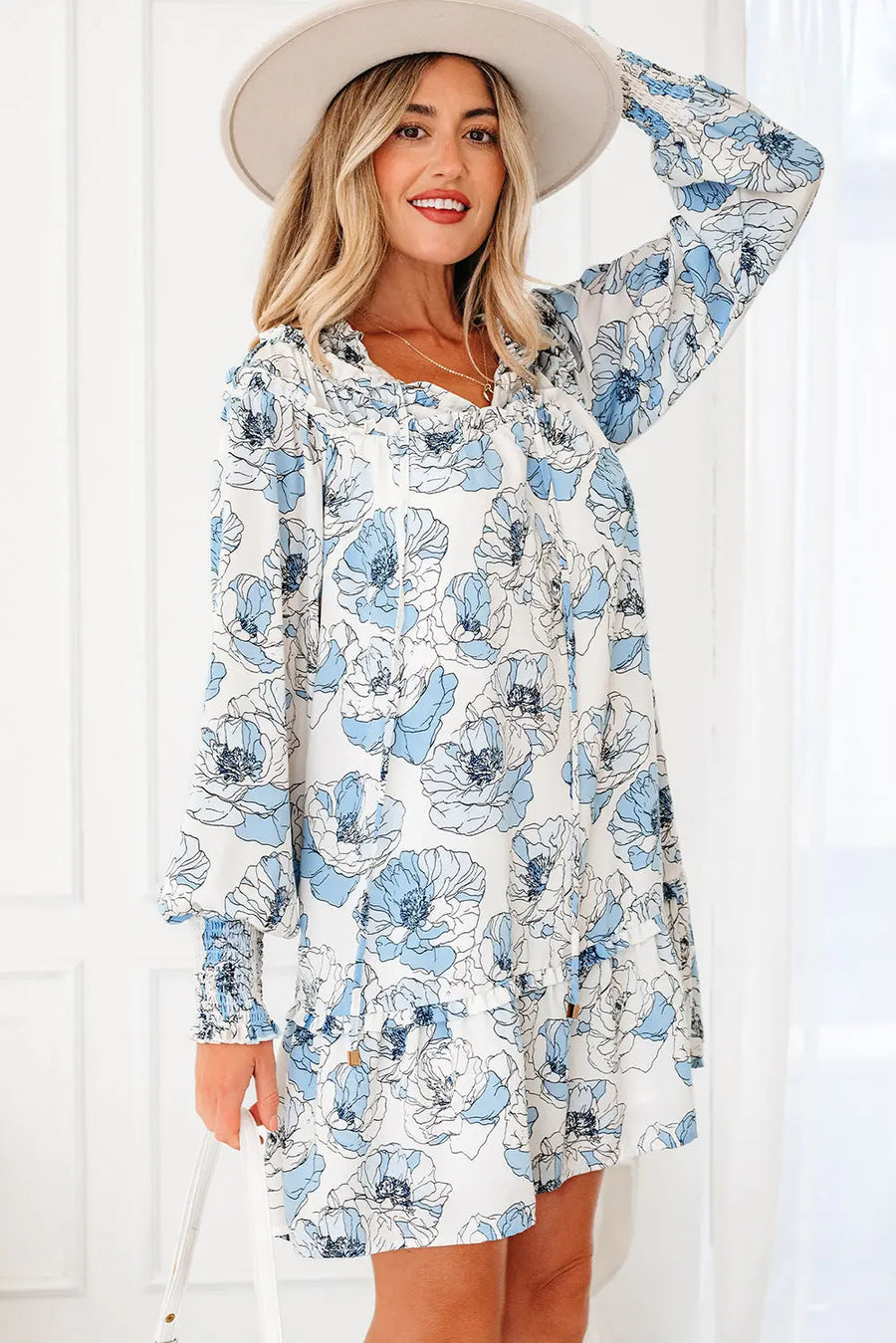 Sky Blue Floral Tie Neck Long Sleeve Flowy Mini Dress Women UK — side detail