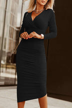 Ladies Black Wrap Drape Midi Dress with long sleeves and ruched detailing, styled for a cocktail party look from FashionFitz.