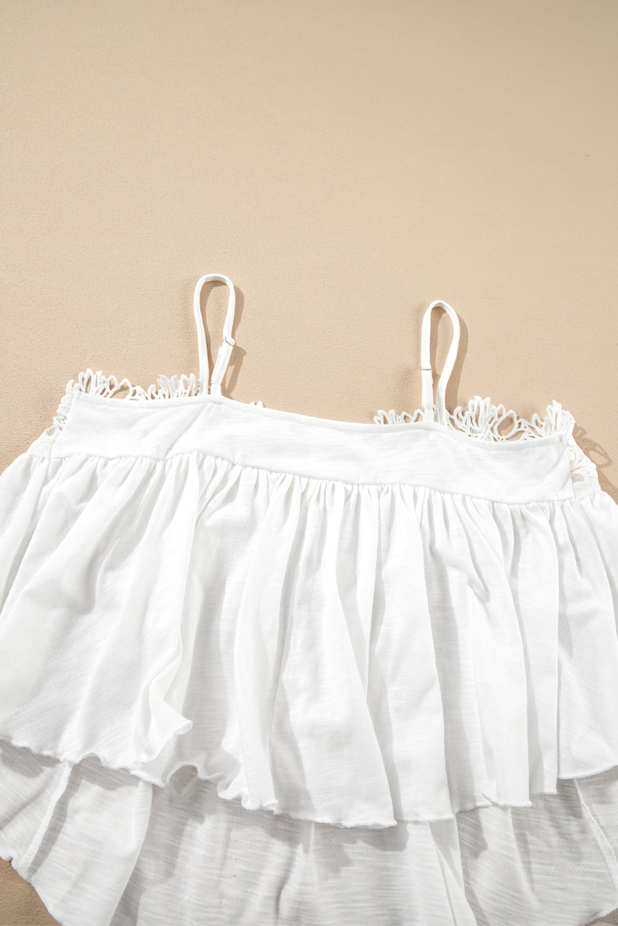 White Lace Splicing Spaghetti Straps Ruffle Flared Tank Top