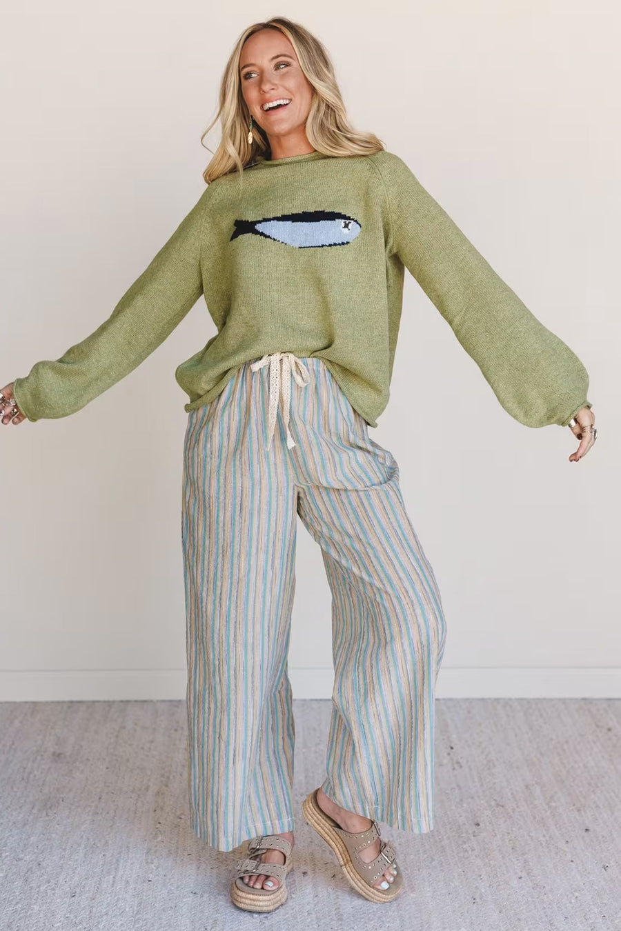 Fish Knit Oversized Round Neck Sweater