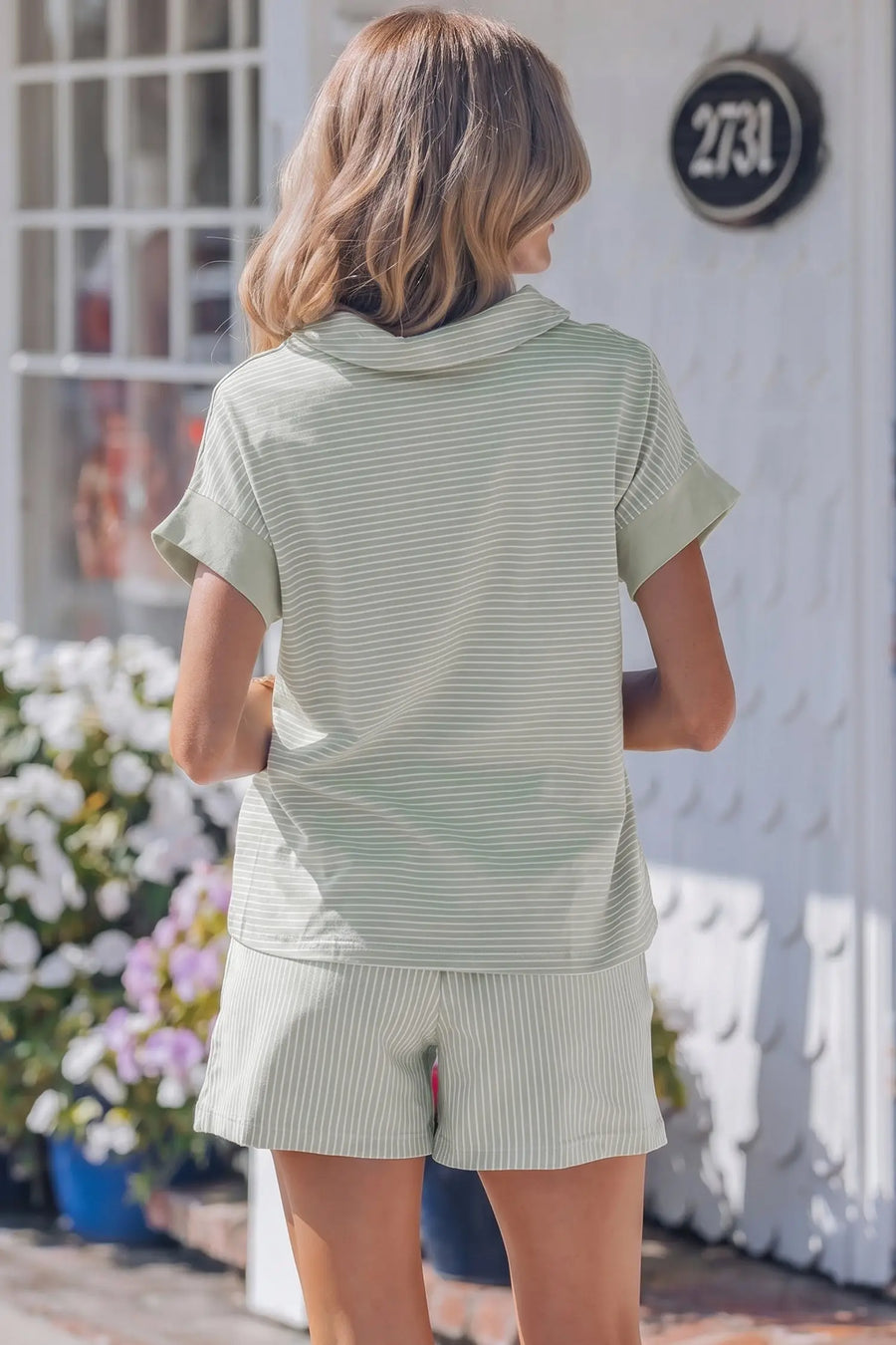 Women's stripe polo collar co-ord set detail view casual summer