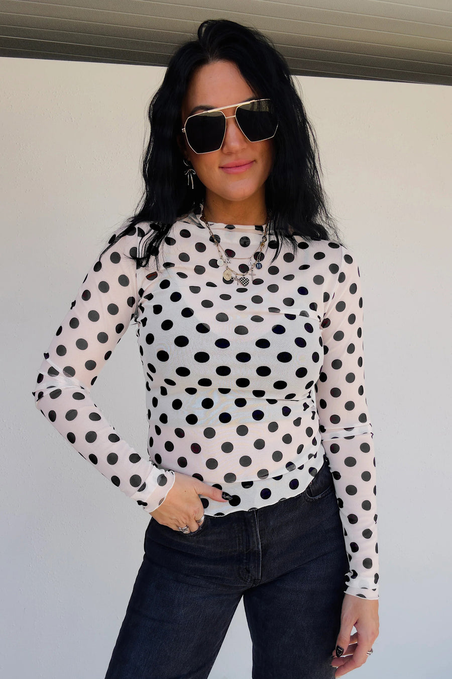 White Polka Dot Sheer Mesh Top Women UK — back view showing round neck and slim-fit silhouette — Fashionfitz