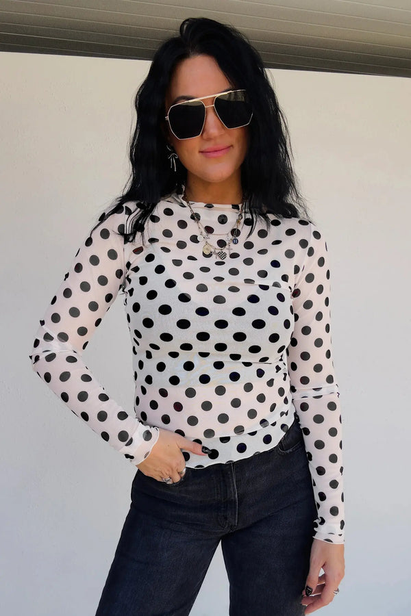 Polka dot sheer long sleeve round neck top back view — Fashionfitz UK