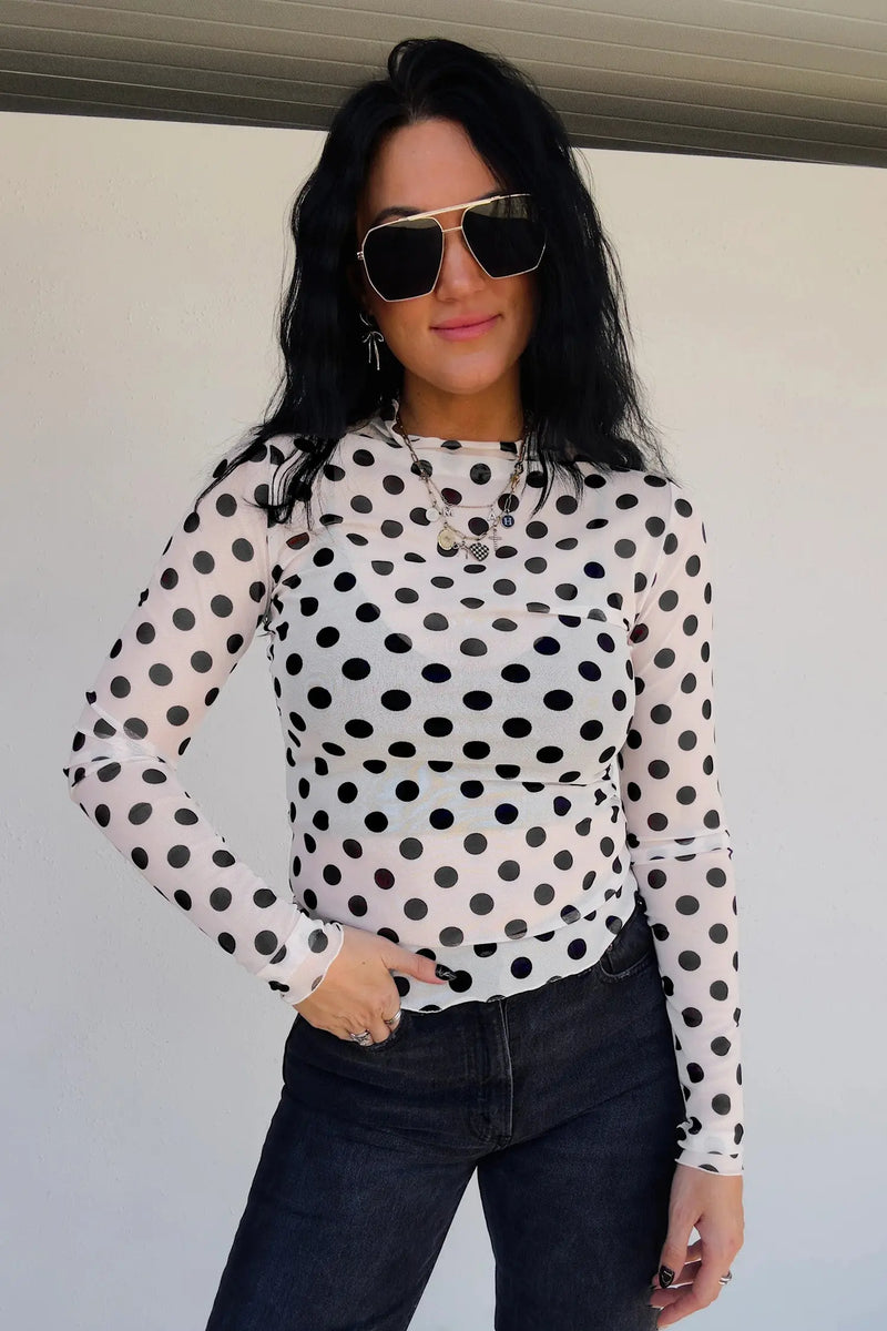 Polka dot sheer long sleeve round neck top back view — Fashionfitz UK