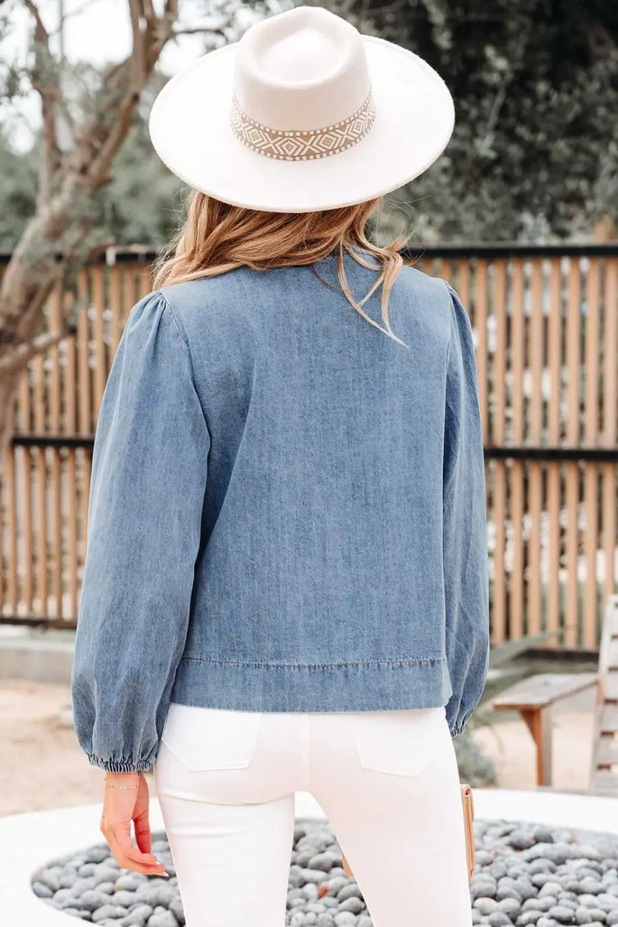 Blue ties puff denim top blouses