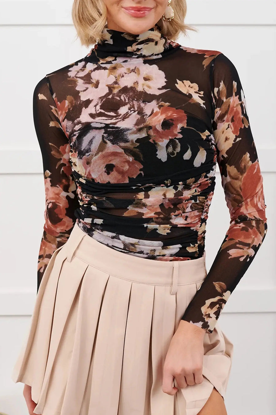 Brown Floral Mesh Long Sleeve High Neck Bodysuit — back view | Fashionfitz UK