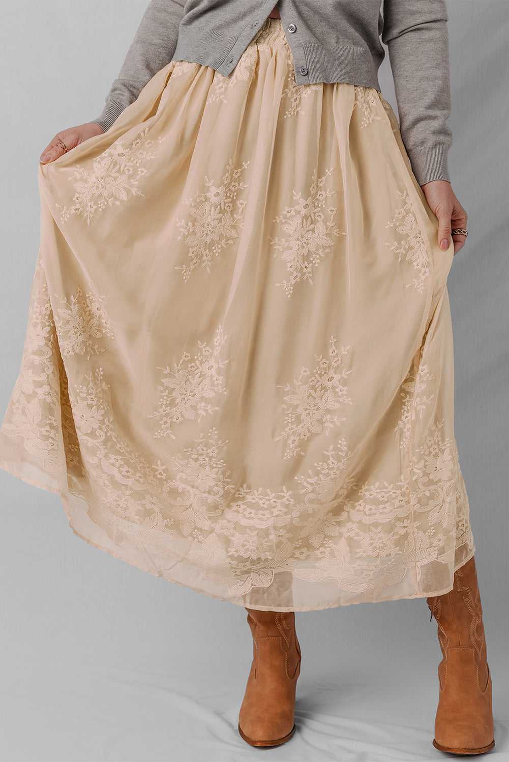 Embroidered Mesh Overlay Flowy Skirt