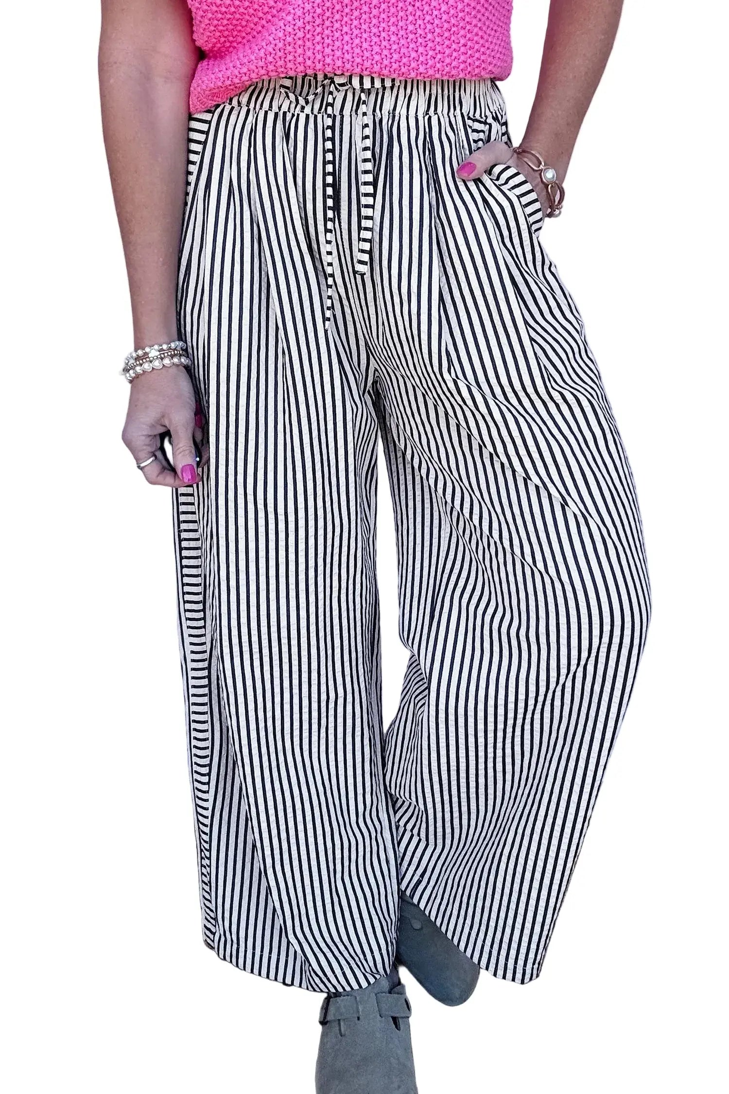 Black Stripe High Waist Wide Leg Drawstring Casual Trousers with Pockets