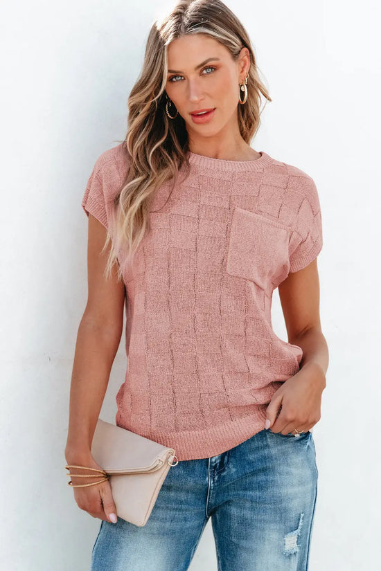 Lattice textured knit sweater – short sleeves sweaters