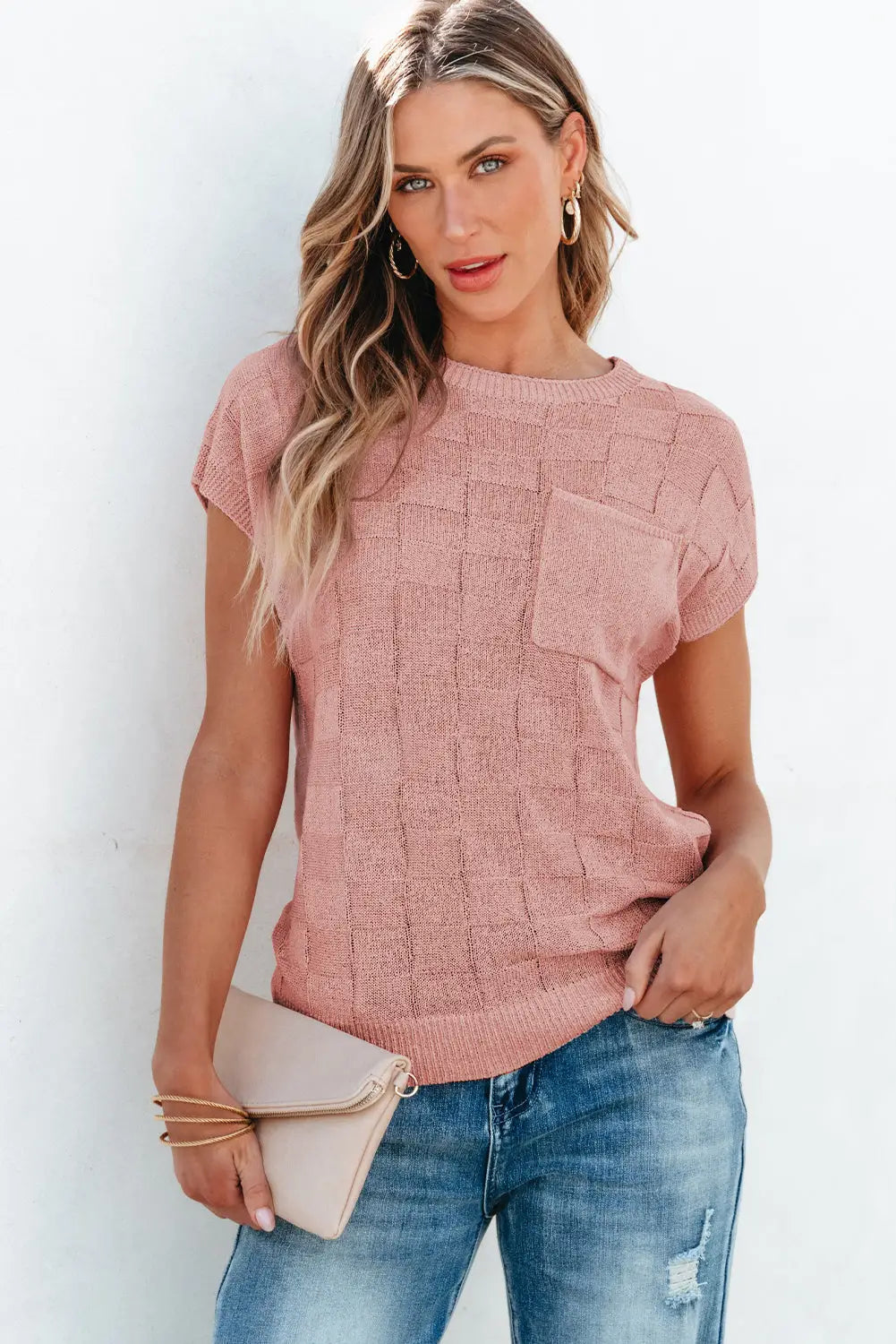 Lattice textured knit sweater – short sleeves sweaters