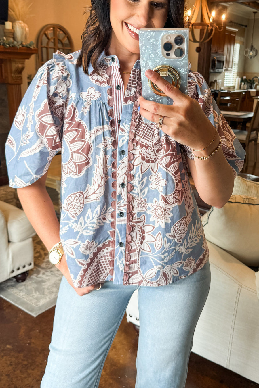 Boho Floral Scalloped Trim Short Sleeve Shirt Women UK