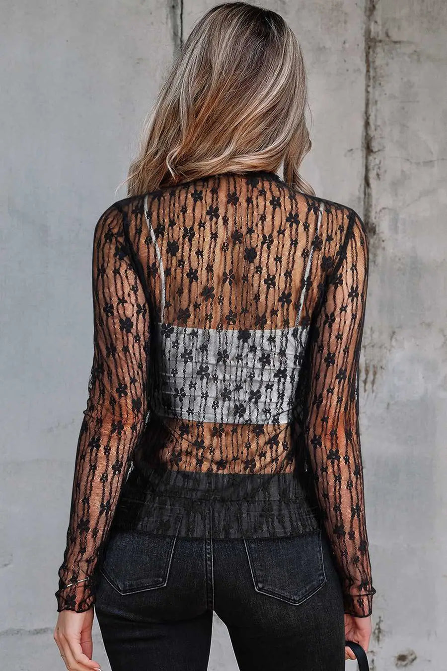 Sheer floral lace slim-fit top blouses