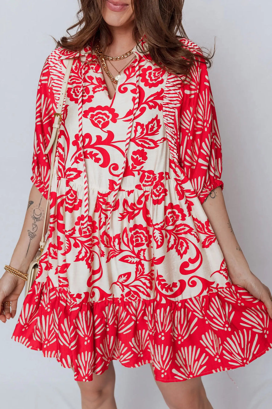 Red Floral Collared V Neck Half Sleeve Loose Mini Dress Women UK — close-up detail