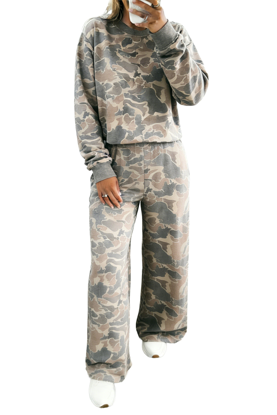 Camo Print Long Sleeve Top Wide Leg Pants Set Women UK