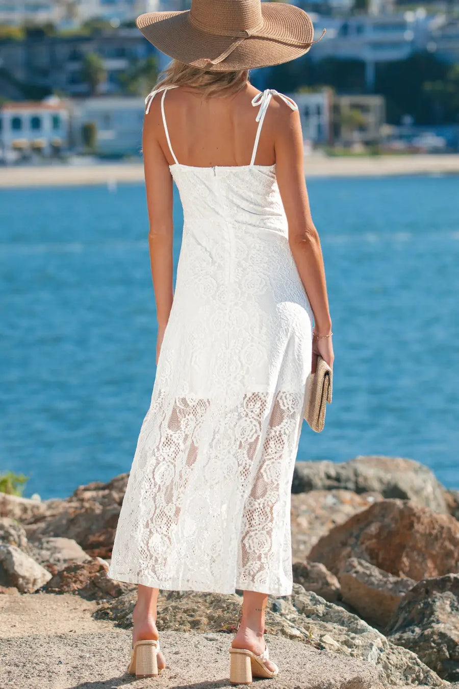 White lace overlay spaghetti strap maxi dress dresses