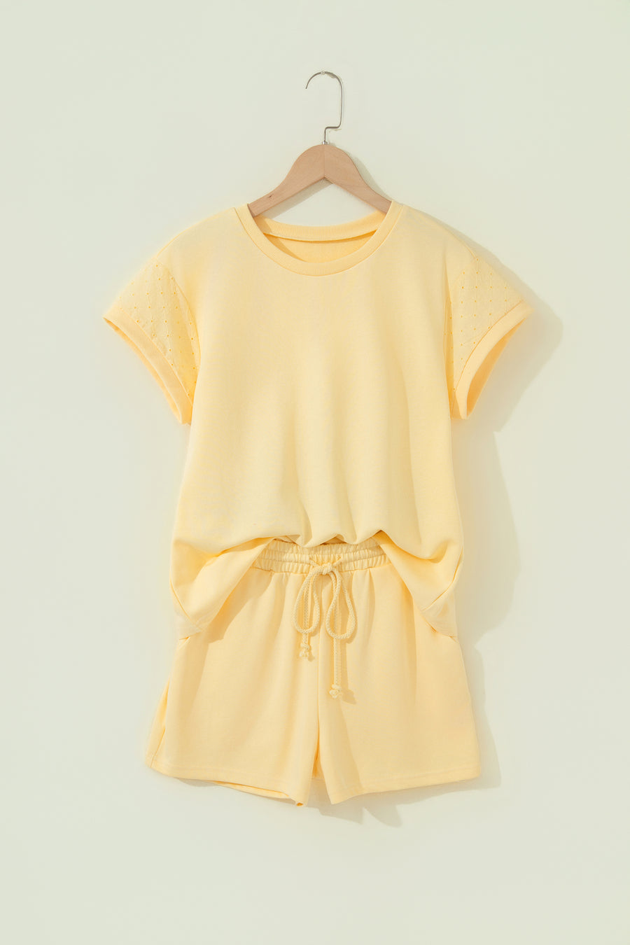 Yellow  Eyelet Lace Patchwork Sleeve Short 2pcs Outfit
