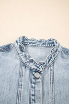 Close-up of scallop-trim neckline on Beau Blue Denim Waistcoat, emphasizing delicate feminine detailing for casual outerwear.