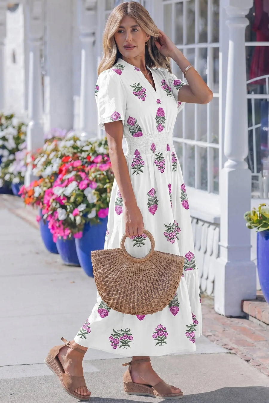 Green Floral Shirred Split Neck Ruffle Hem Maxi Dress Women UK — model shot