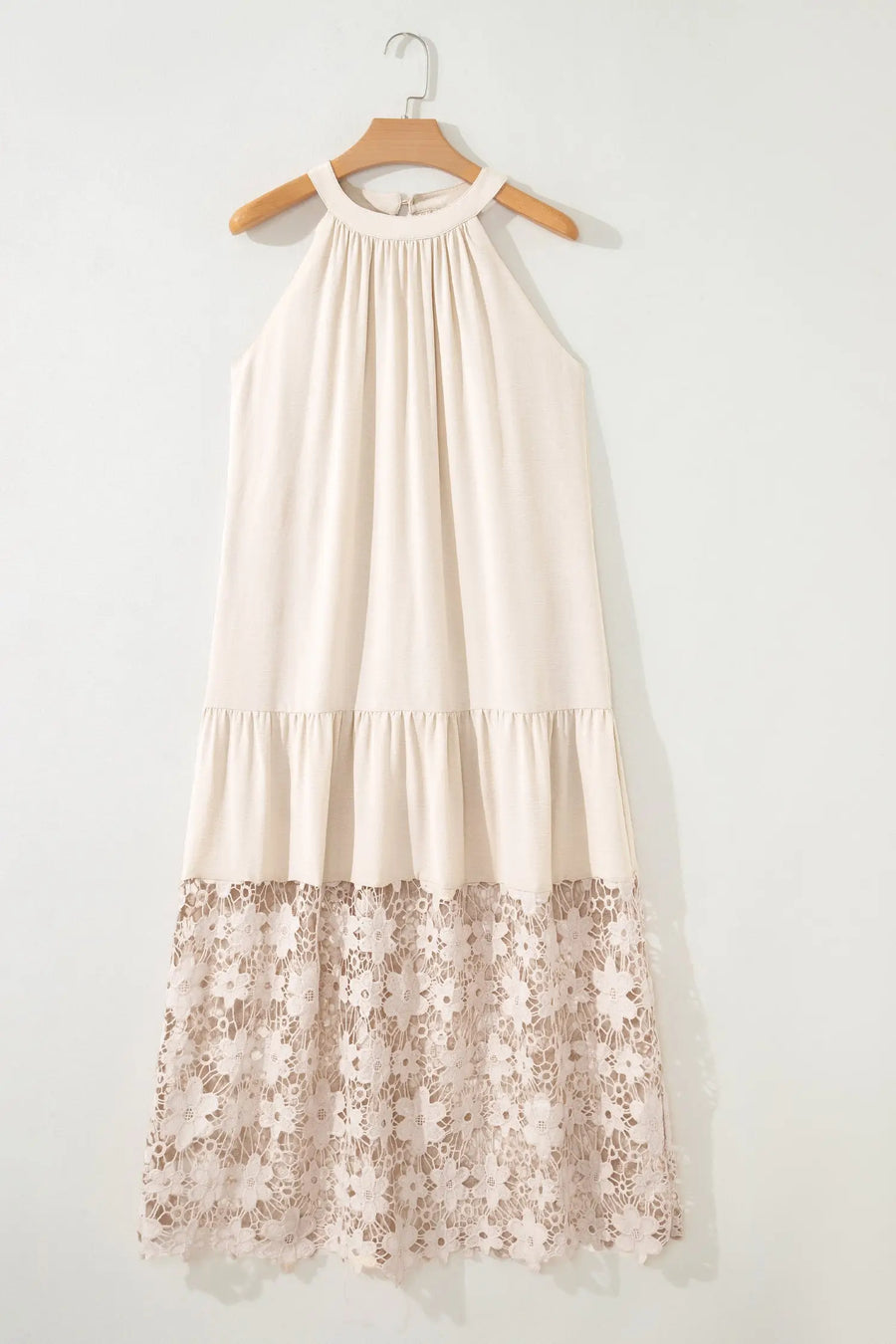 Beige Sheer Floral Lace Patchwork Loose Halter Maxi Dress Women UK