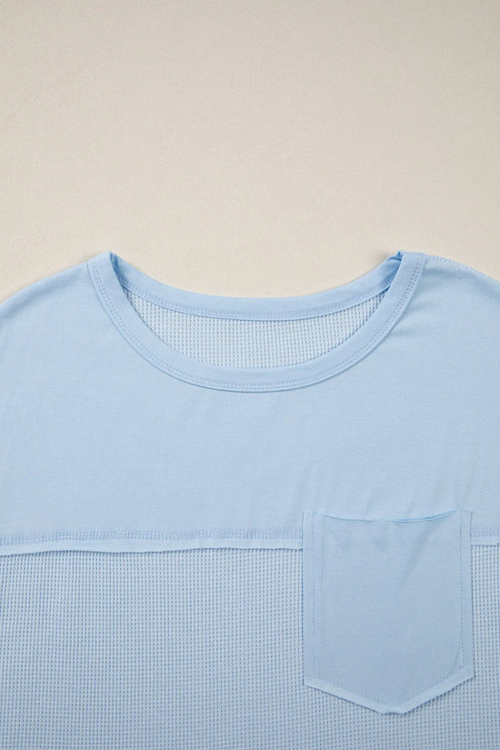 Waffle patchwork sleeveless top raw seam chest pocket round neck casual tank tops