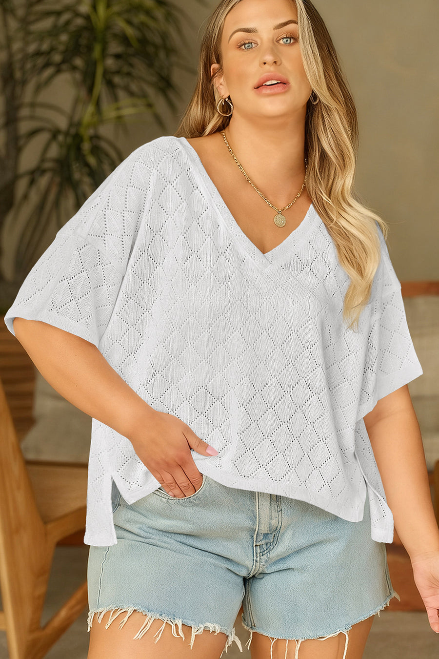 Loose fit pointelle plus size V neck top — back view