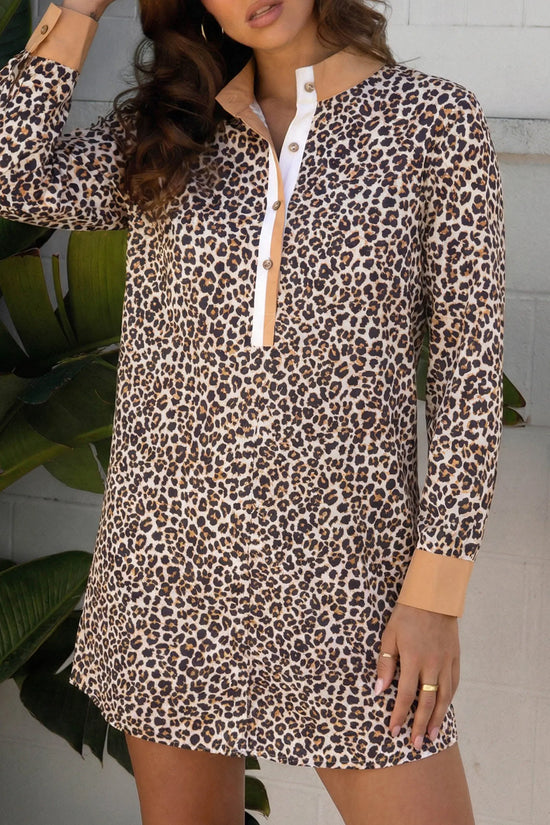 Khaki button striped collar leopard print long sleeve flared dress