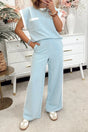 Mist blue contrast trim boxy tank top wide leg pant set pockets outfit sets