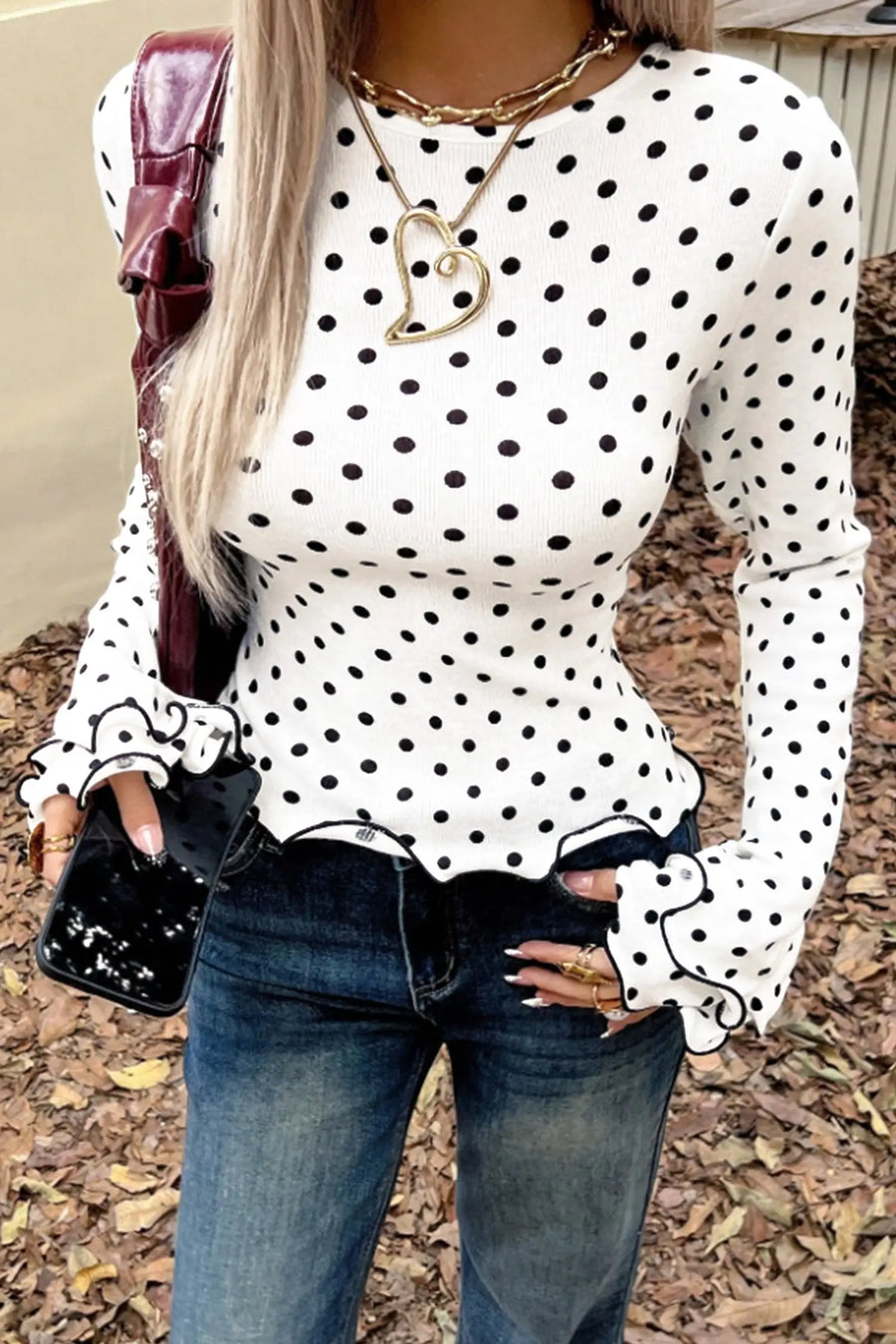 Black Polka Dot Print Lettuce Trim Long Sleeve Top — back view | Fashionfitz UK