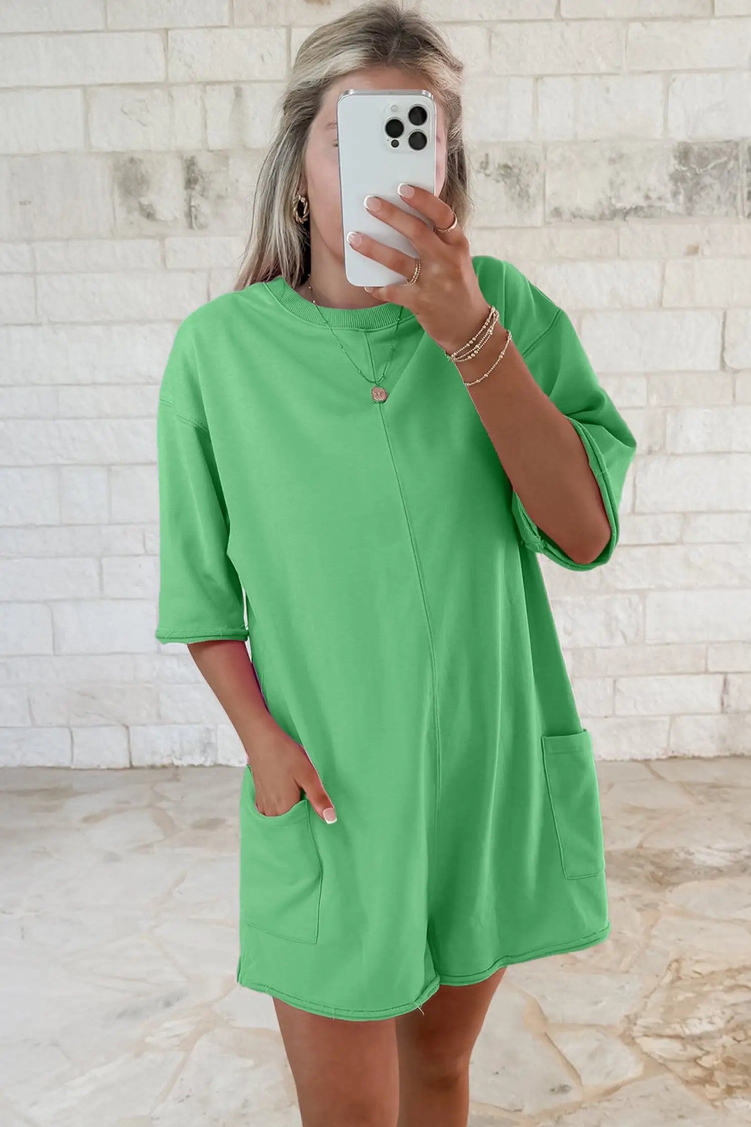 Raw edge half sleeve pocketed loose romper one-pieces