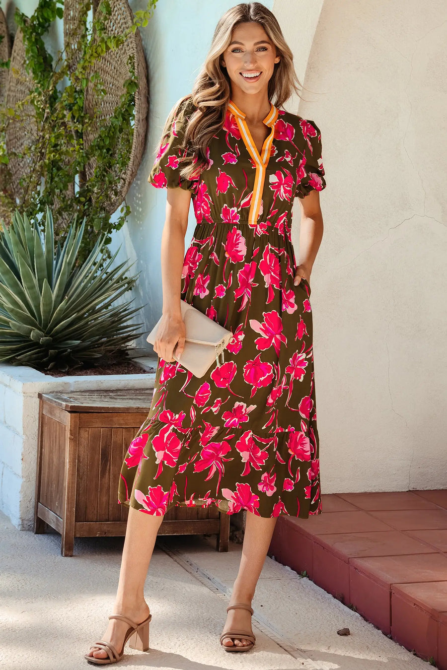Green Floral Striped Trim Split Neck Puff Sleeve Maxi Dress Women UK — full length