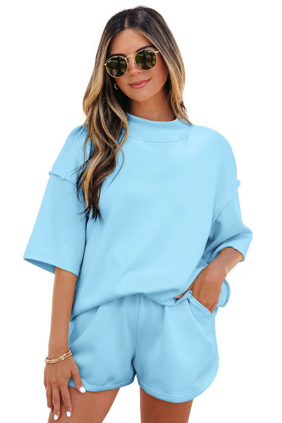 Exposed seam mock neck oversized tee shorts two piece set pockets outfit sets