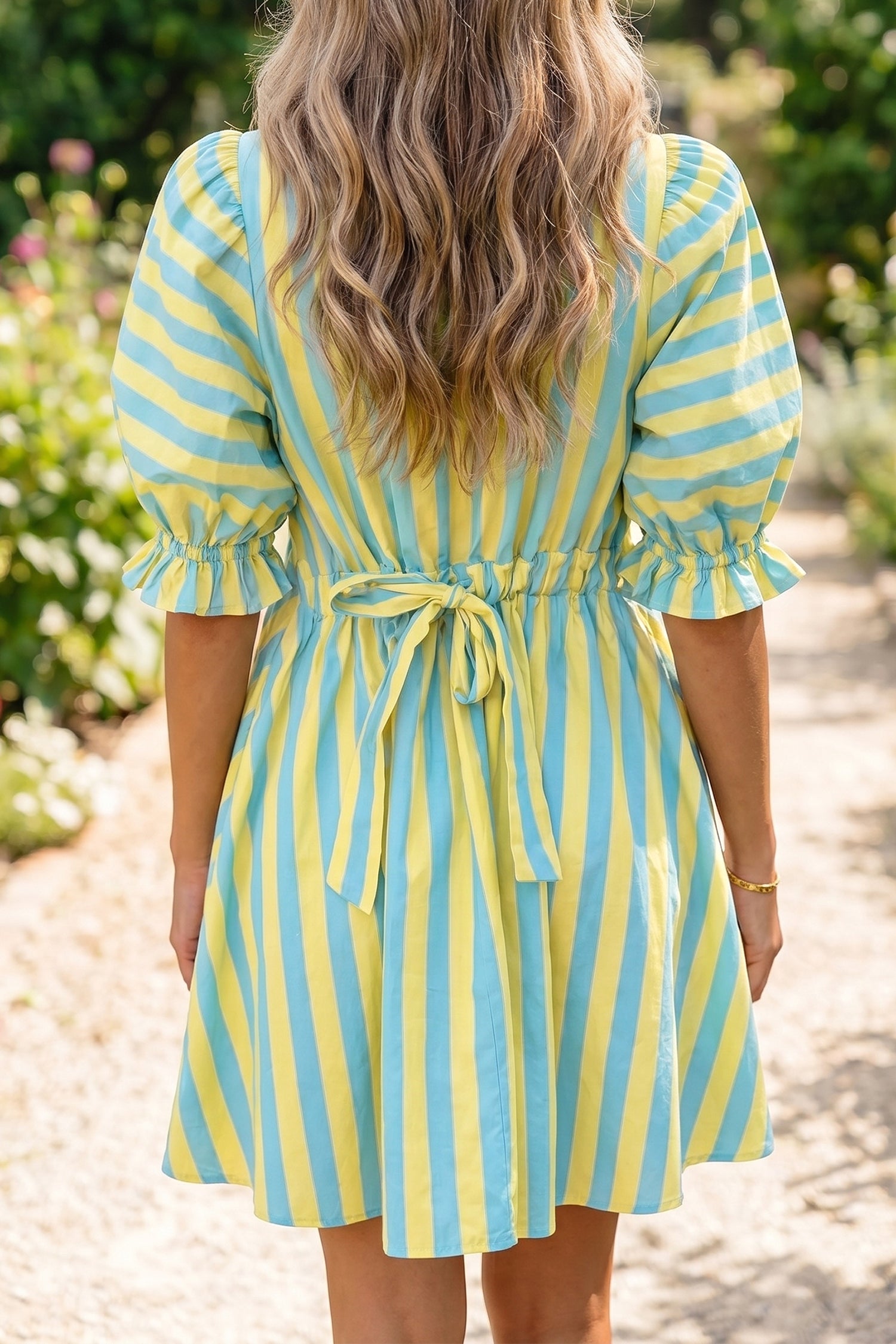 Red Stripe Puff Sleeve Mini Dress Women UK